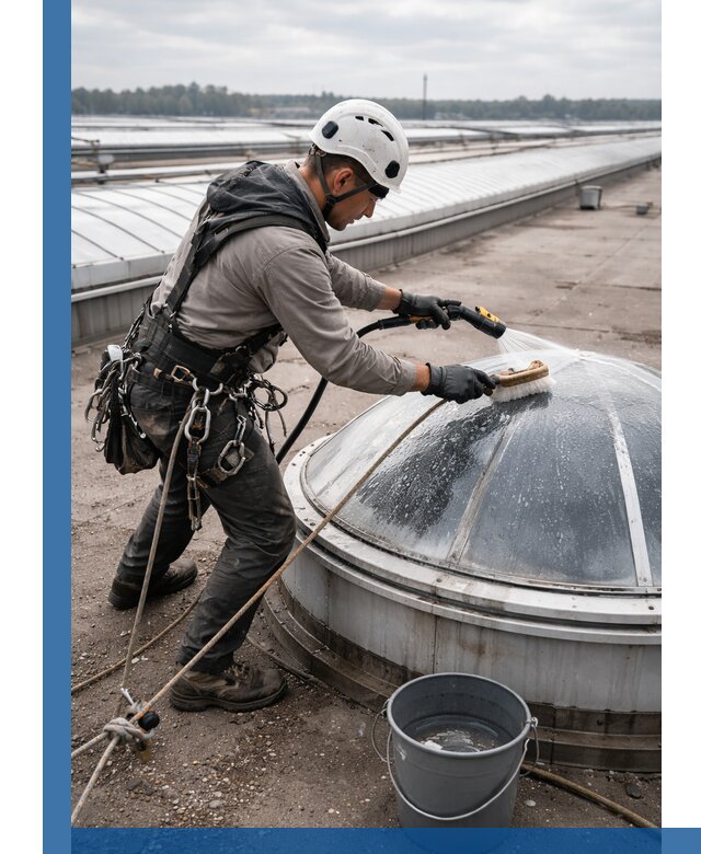 Мойка зенитных фонарей на кровле для промышленных объектов в Котельниках