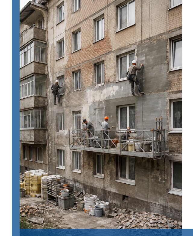 Капитальный ремонт фасада в Котельниках с восстановлением и гидроизоляцией