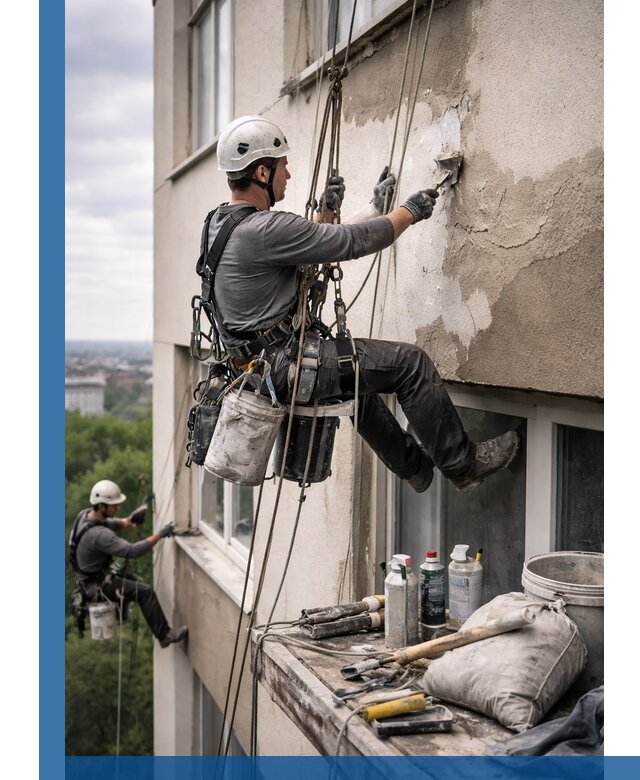 Косметический ремонт фасада зданий в Котельниках промышленными альпинистами