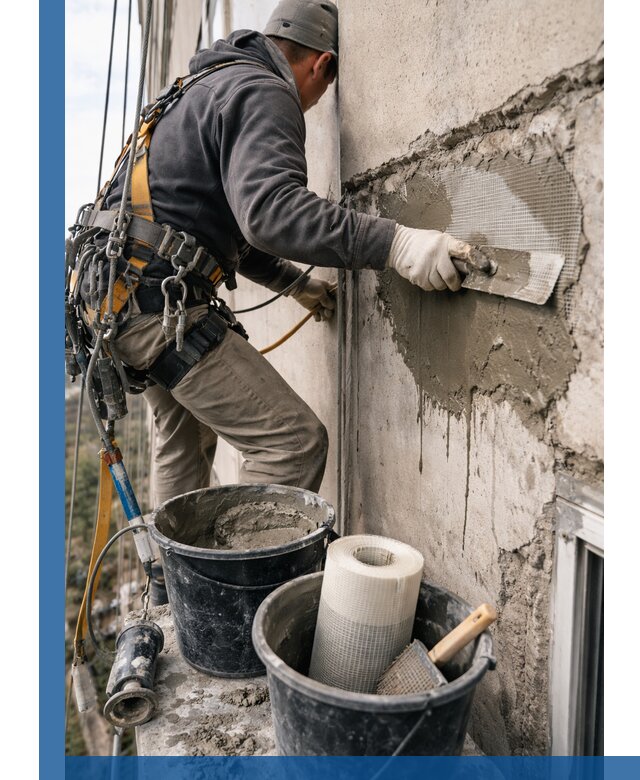 Ремонт бетонных элементов фасада промышленными альпинистами в Котельниках