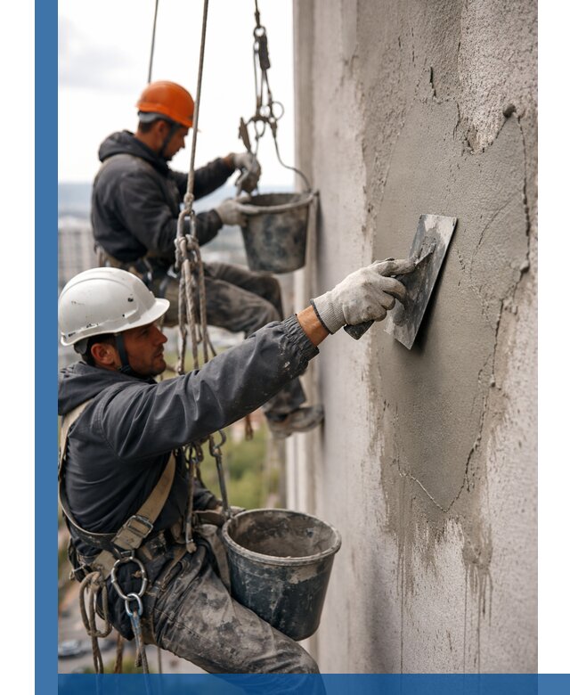 Штукатурка фасада на высоте в Котельниках профессиональные работы