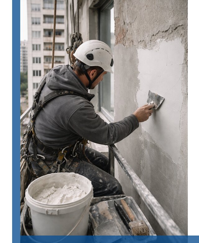 Шпаклевка фасадов на высоте с промальпинистами в Котельниках