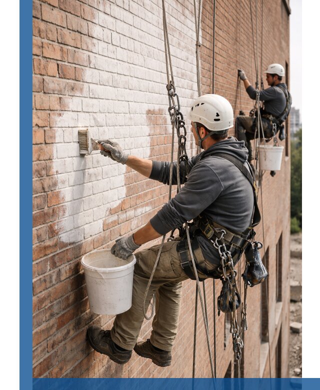 Покраска кирпичного фасада с доступным альпинистским сервисом в Котельниках
