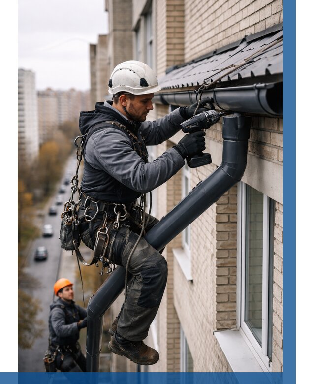 Монтаж водосточной системы на здании в Котельниках от 5309 р. | ВЫСОТНИК-Ктн