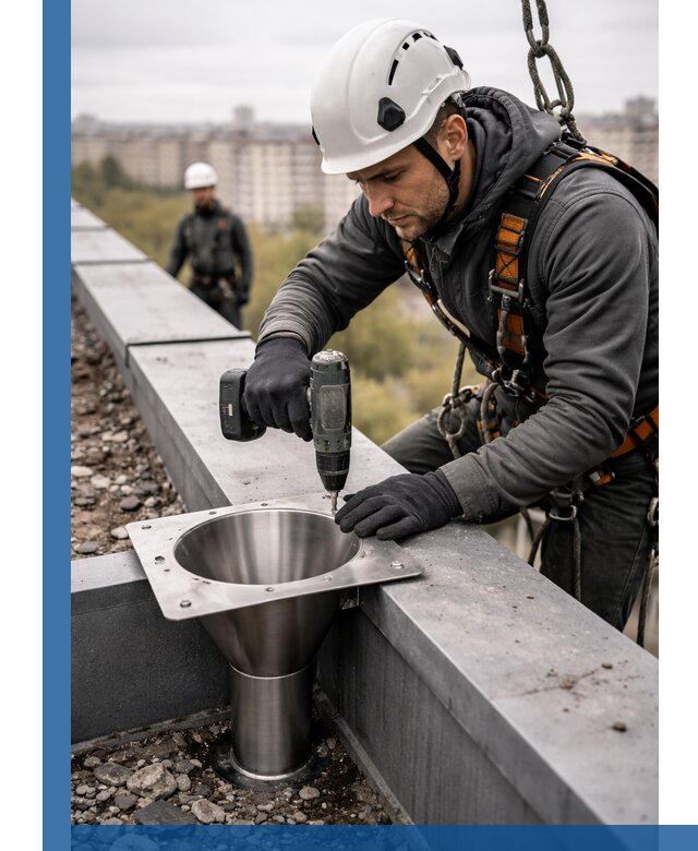 Монтаж водосточных воронок в Котельниках для промышленных зданий