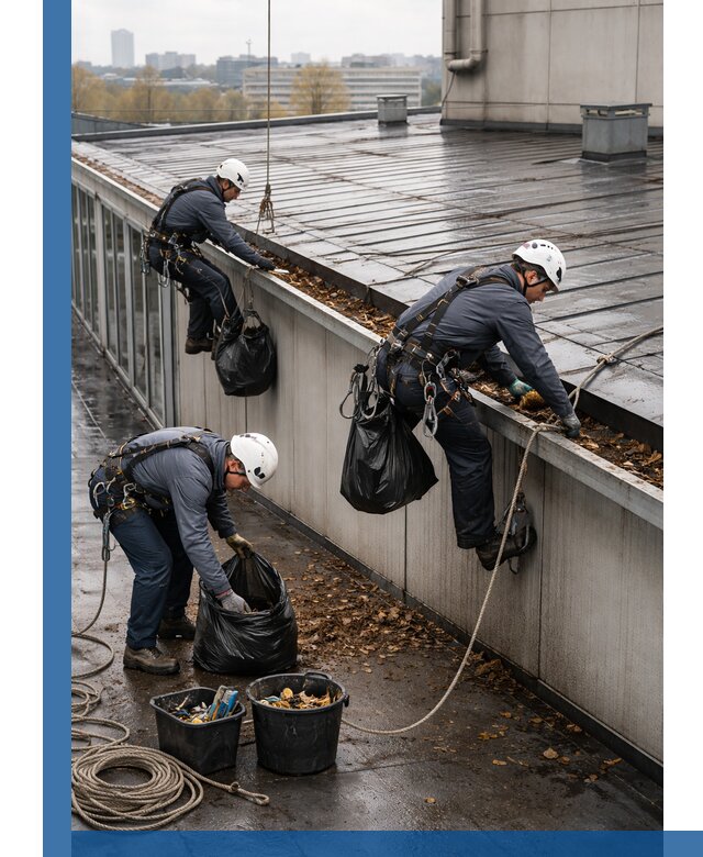 Очистка кровли по периметру в Котельниках силами промышленных альпинистов