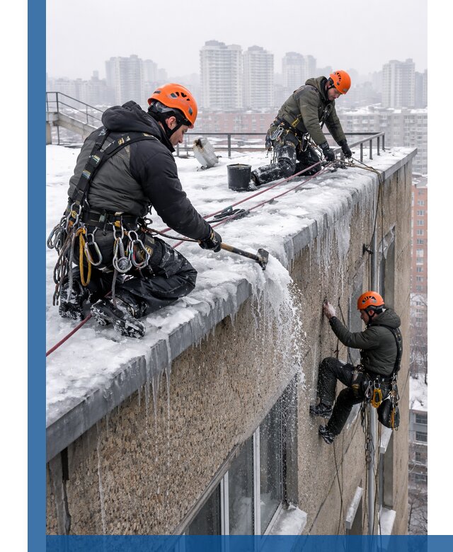 Удаление наледи с кровли в Котельниках промышленными альпинистами