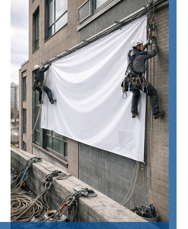 Монтаж баннеров на фасаде в Котельниках от 690 р. заказать ВЫСОТНИК-Ктн