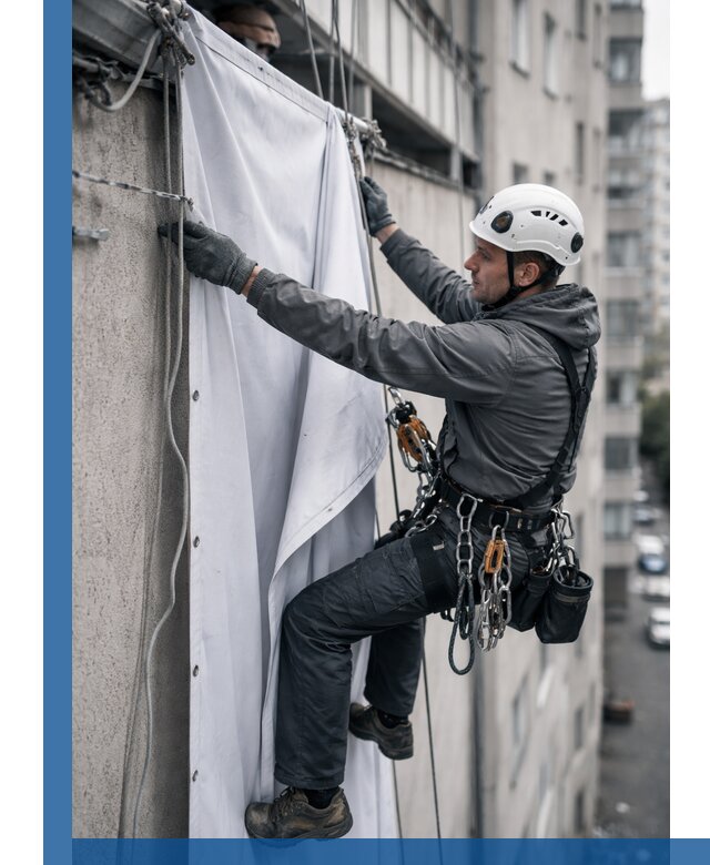 Замена баннерного полотна промышленными альпинистами в Котельниках
