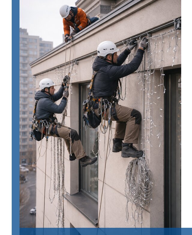 Монтаж праздничных гирлянд на фасаде в Котельниках для зданий