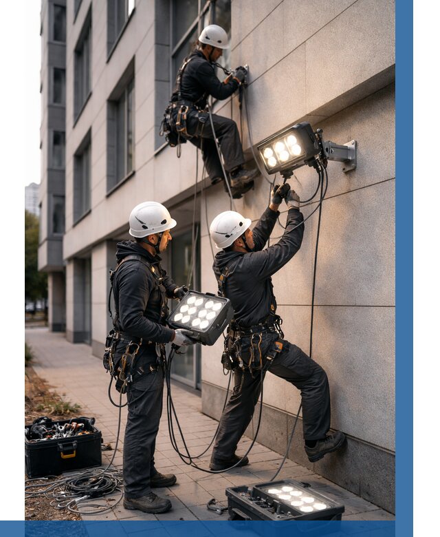 Монтаж прожекторов на фасаде в Котельниках от 7964 р. | ВЫСОТНИК-Ктн