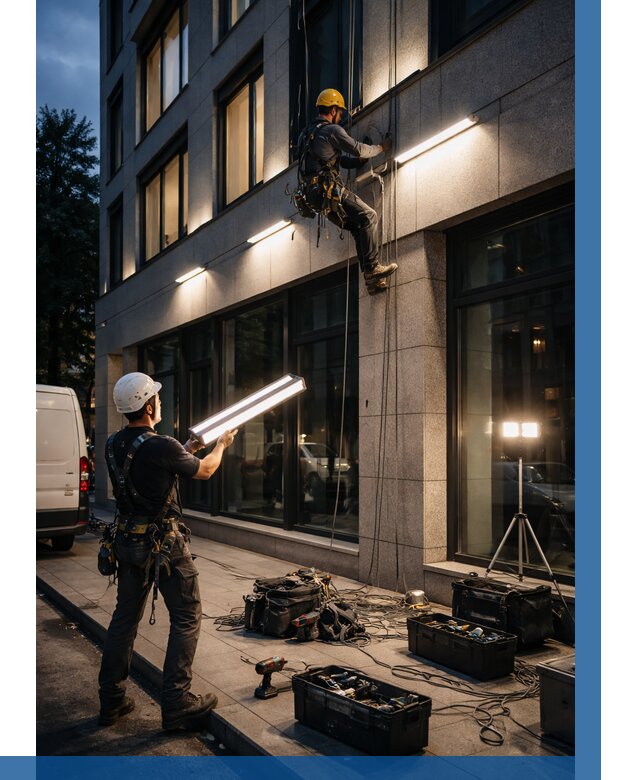 Монтаж архитектурной подсветки здания в Котельниках от 2655 р.|ВЫСОТНИК-Ктн