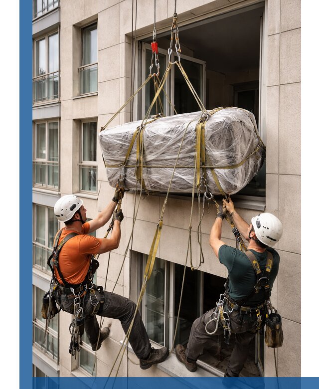 Подъем грузов через окно в Котельниках промышленными альпинистами