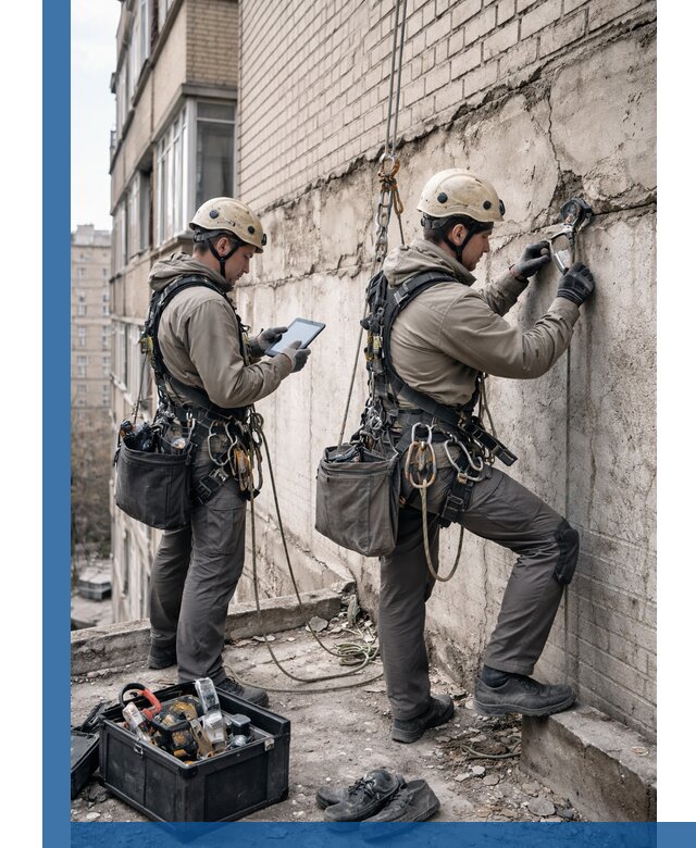 Обследование фасада промышленными альпинистами в Котельниках